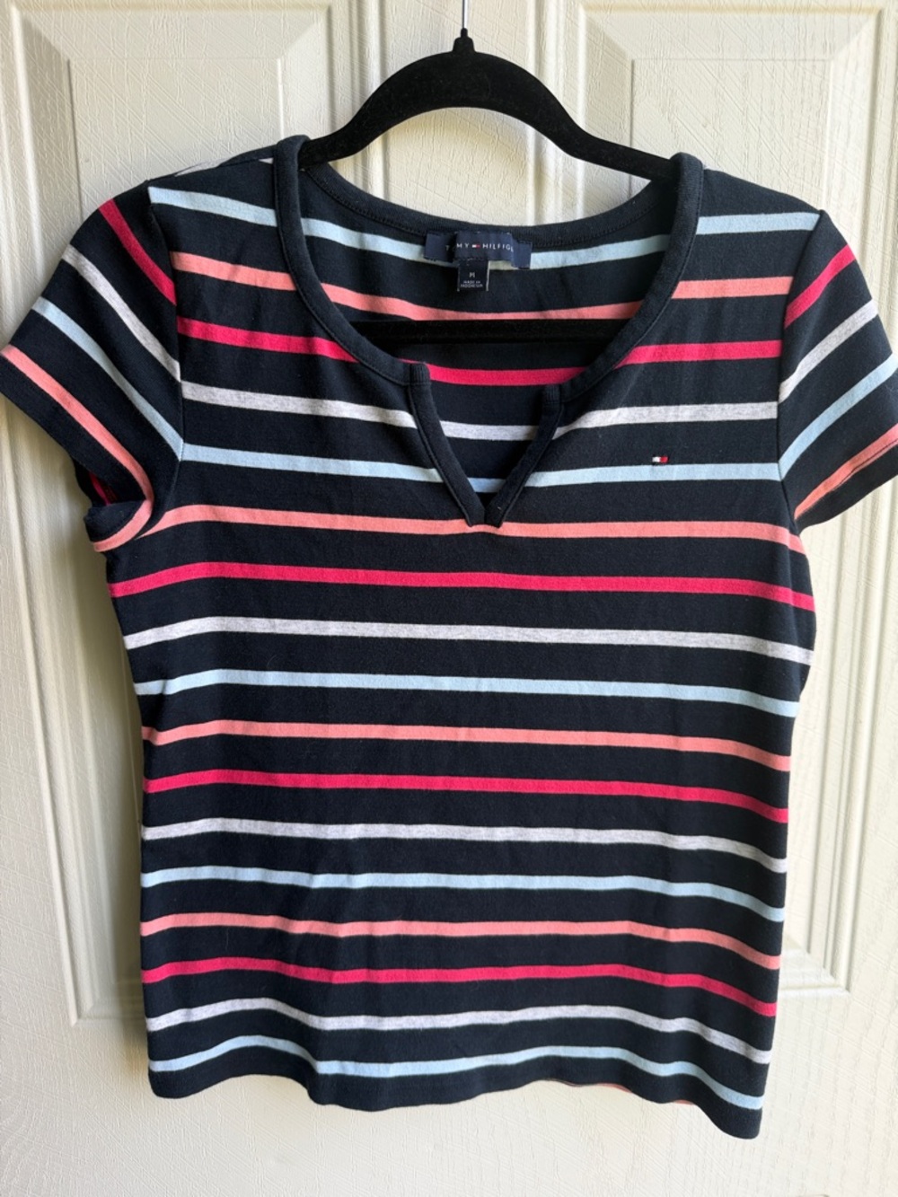 Tommy Hilfiger Y2K Navy Short-Sleeve Tee with Pink and Light Blue Stripes Size M